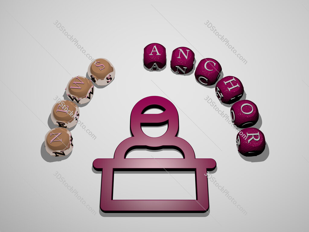 news-anchor 3D icon surrounded by the text of cubic letters