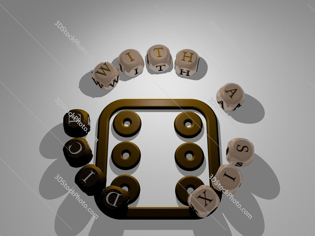 dice-with-a-six circular text of separate letters around the 3D icon