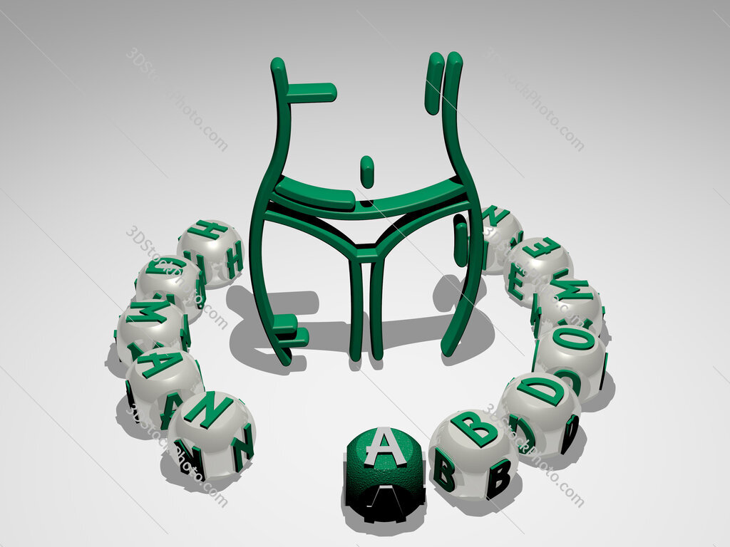human-abdomen round text of cubic letters around 3D icon