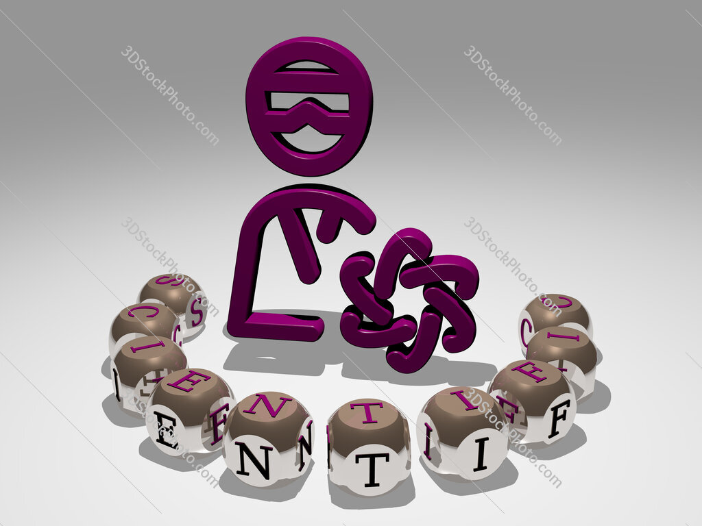 scientific round text of cubic letters around 3D icon