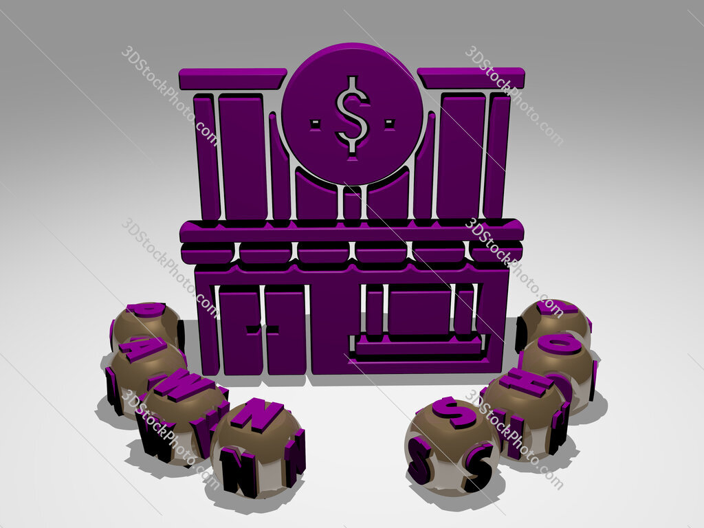 pawn-shop round text of cubic letters around 3D icon