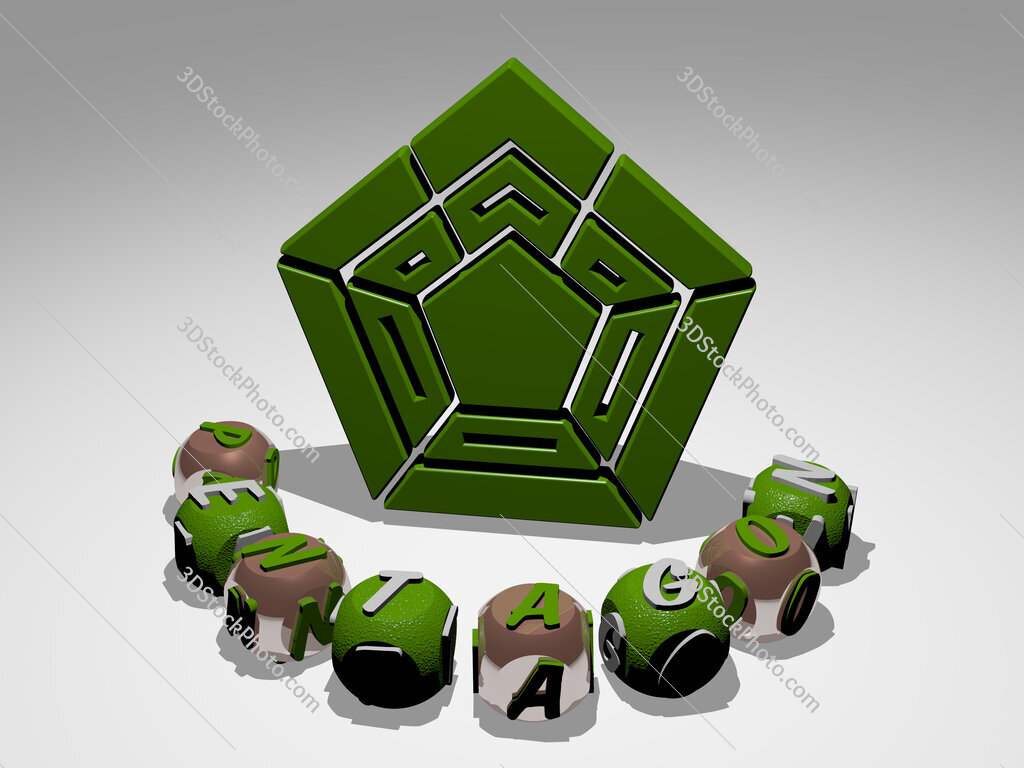 pentagon round text of cubic letters around 3D icon