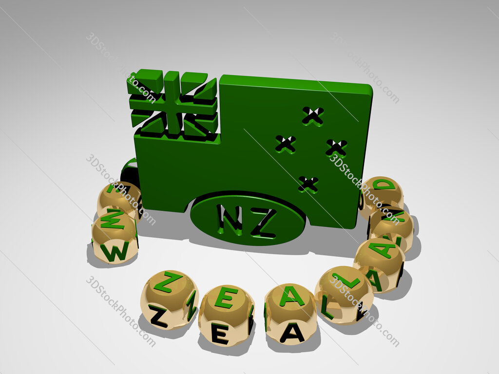 new-zealand round text of cubic letters around 3D icon
