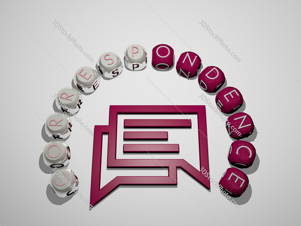 correspondence 3D icon surrounded by the text of cubic letters