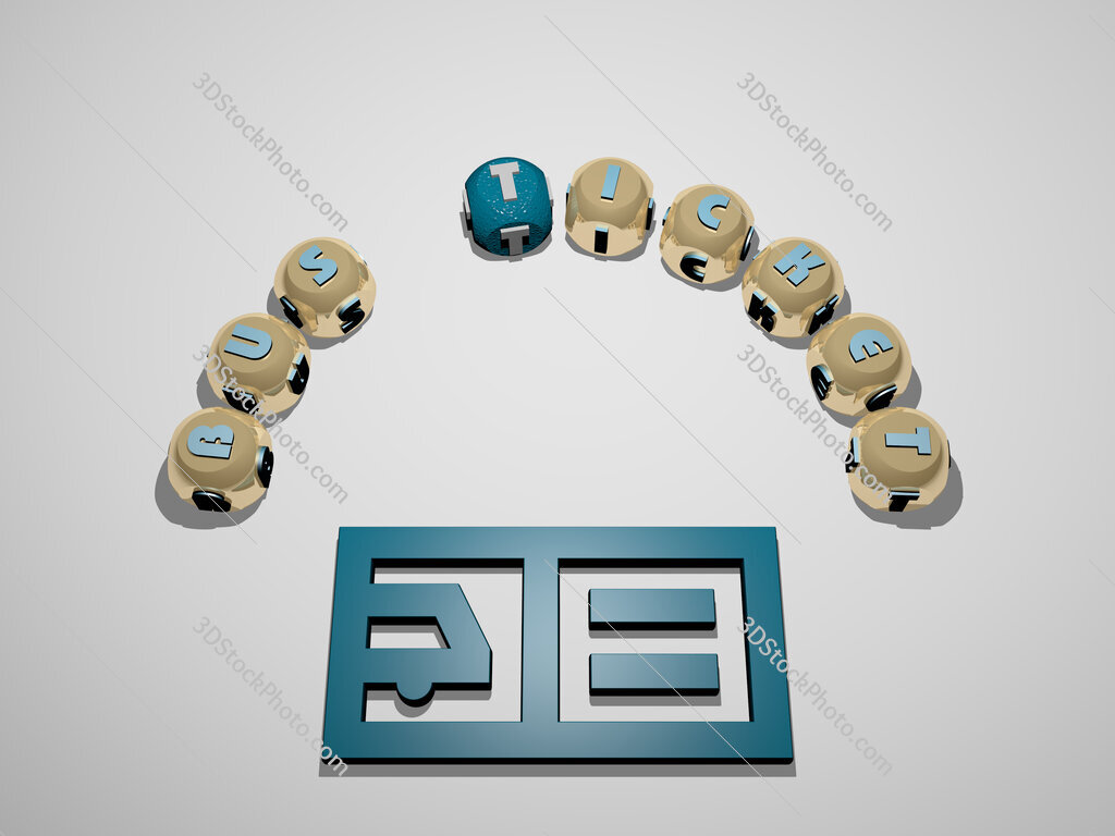 bus-ticket 3D icon surrounded by the text of cubic letters