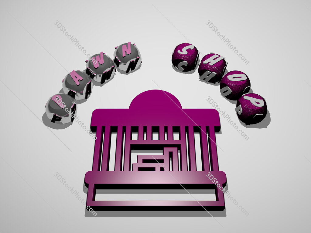 pawn-shop 3D icon surrounded by the text of cubic letters