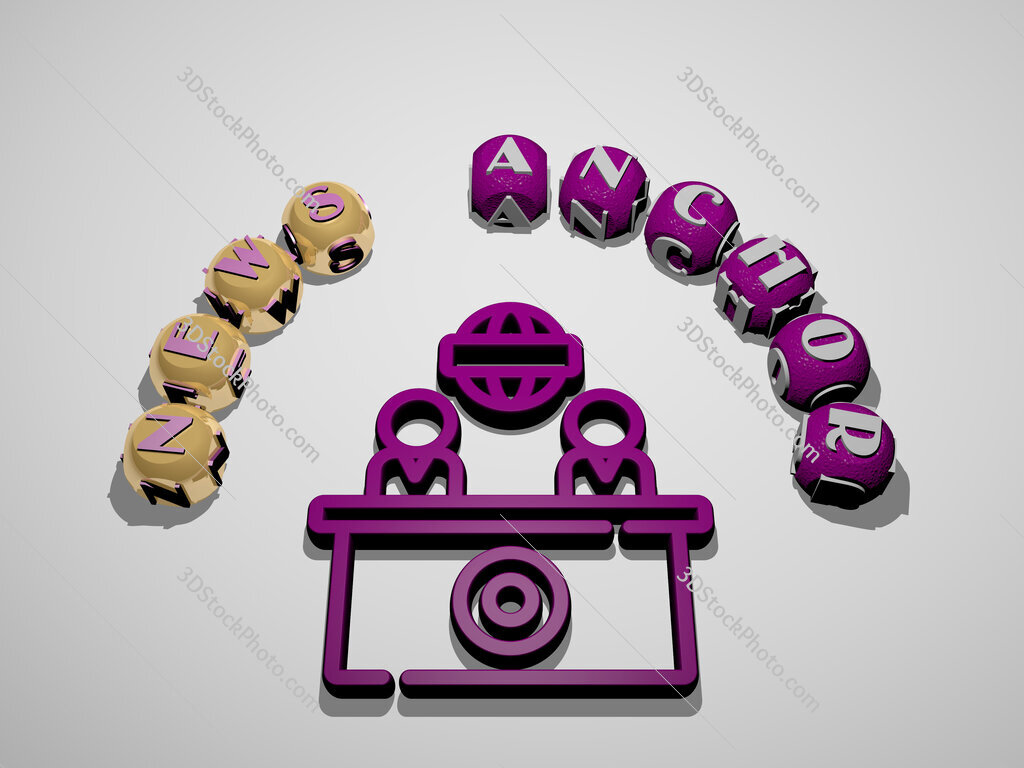 news-anchor 3D icon surrounded by the text of cubic letters