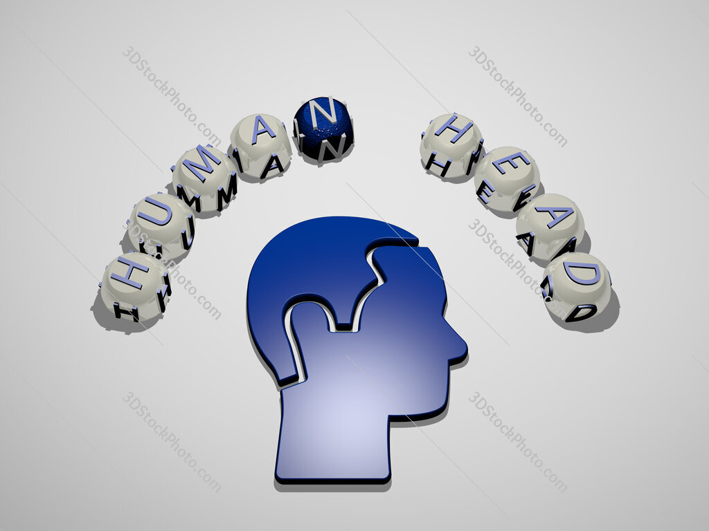 human-head 3D icon surrounded by the text of cubic letters