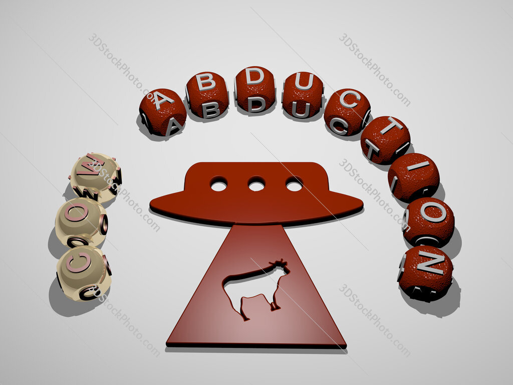 cow-abduction 3D icon surrounded by the text of cubic letters
