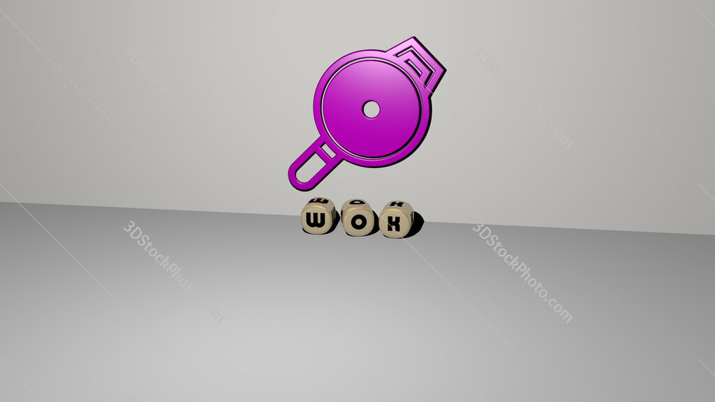 wok text of cubic dice letters on the floor and 3D icon on the wall