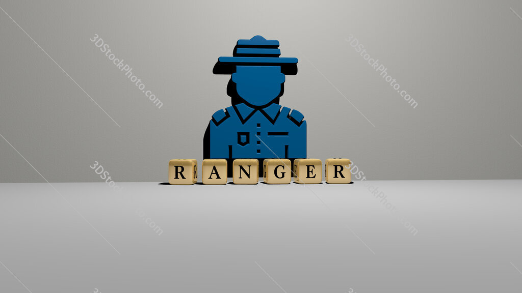 ranger text of cubic dice letters on the floor and 3D icon on the wall