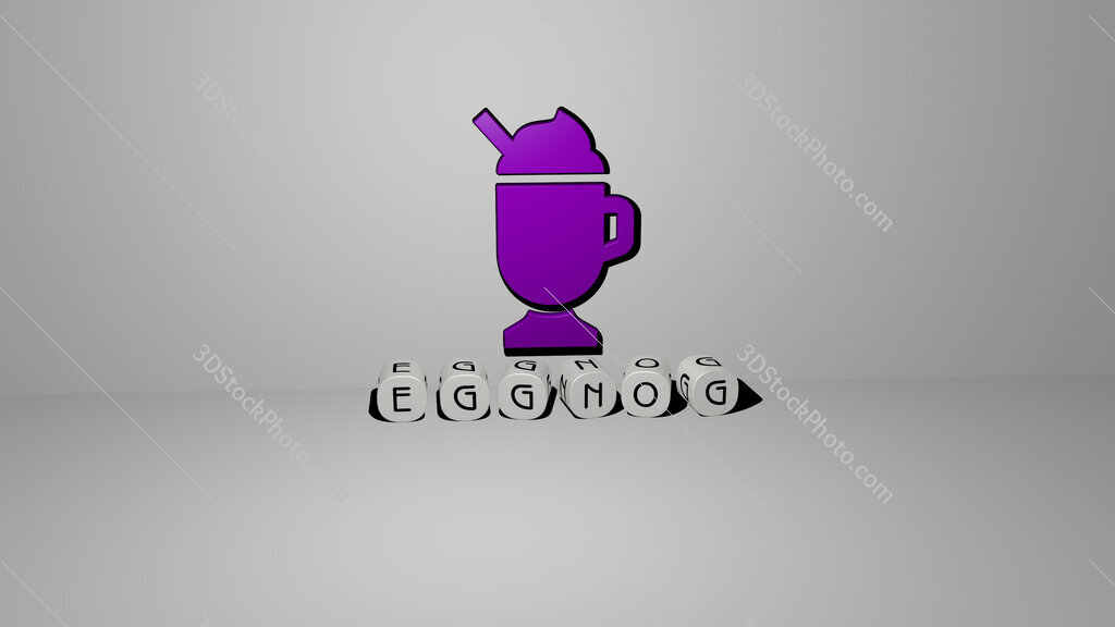 eggnog text of cubic dice letters on the floor and 3D icon on the wall