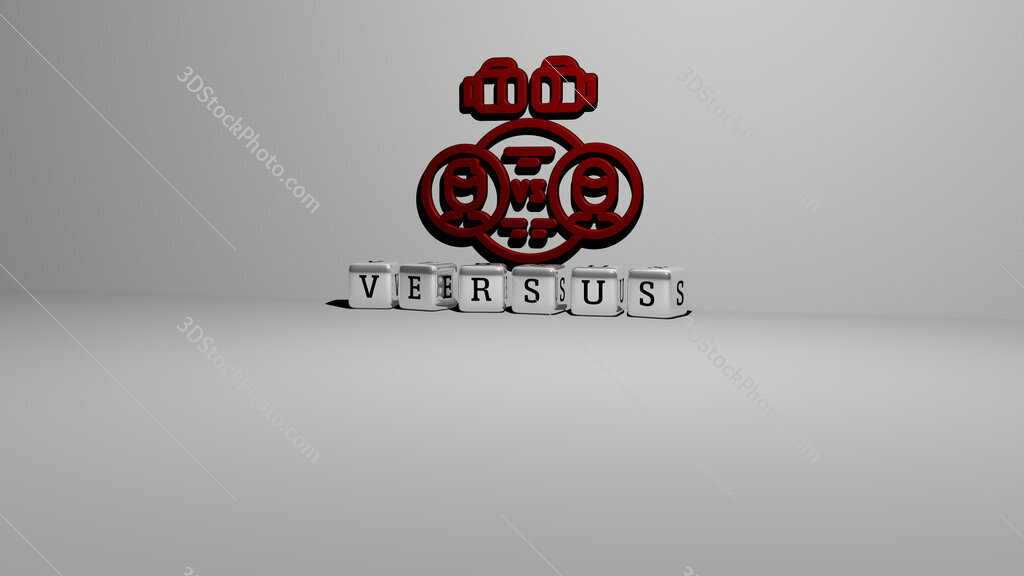 versus text of cubic dice letters on the floor and 3D icon on the wall
