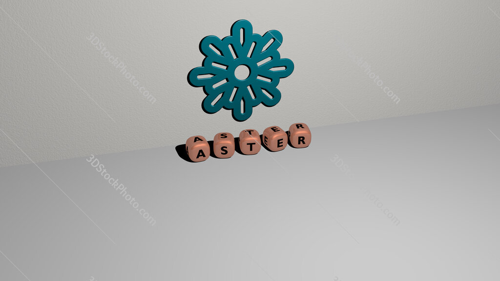 aster text of cubic dice letters on the floor and 3D icon on the wall