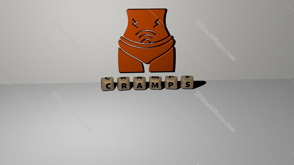 cramps text of cubic dice letters on the floor and 3D icon on the wall
