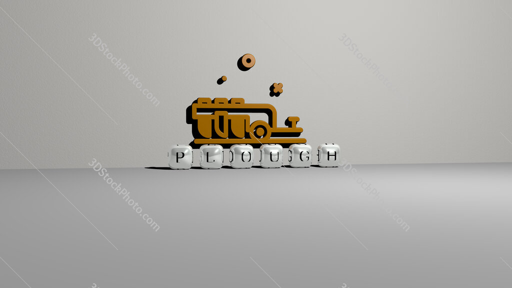 plough text of cubic dice letters on the floor and 3D icon on the wall