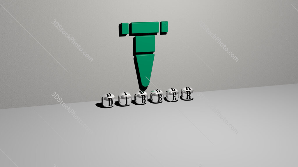 dibber text of cubic dice letters on the floor and 3D icon on the wall