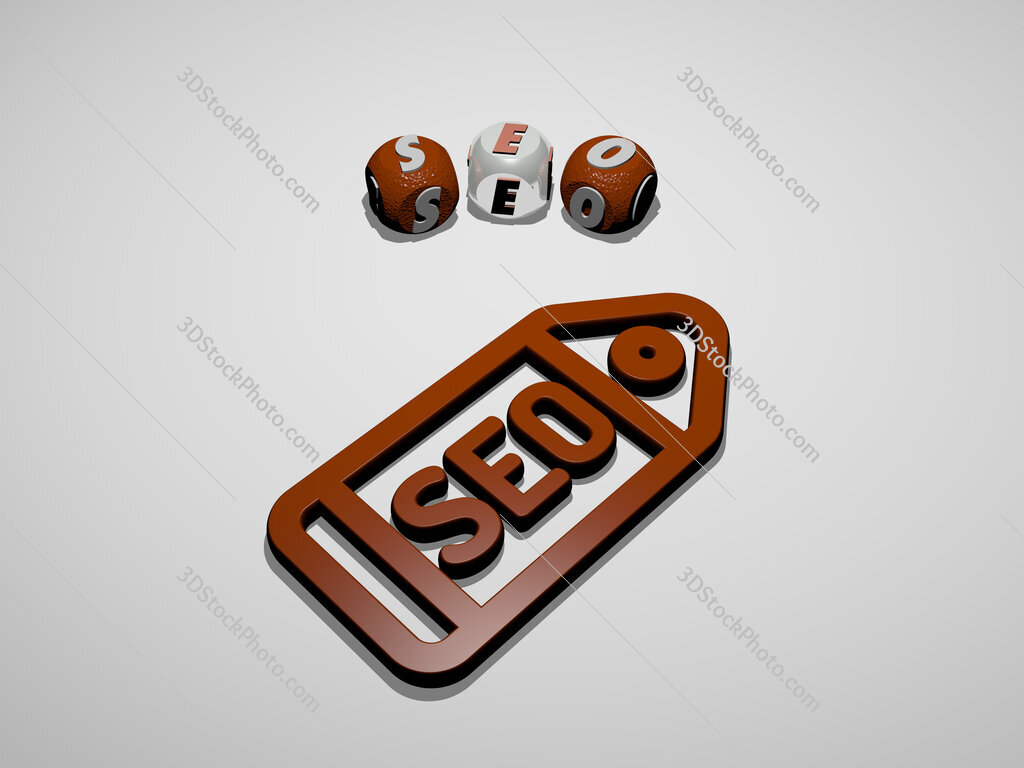 seo 3D icon surrounded by the text of cubic letters