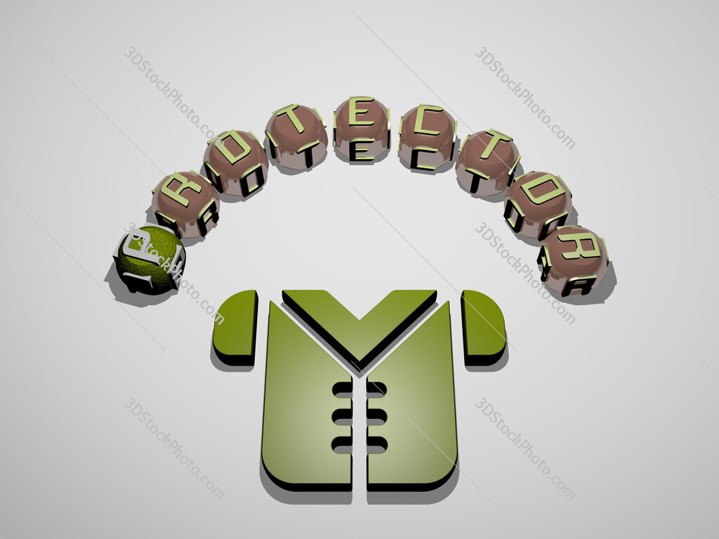protector 3D icon surrounded by the text of cubic letters