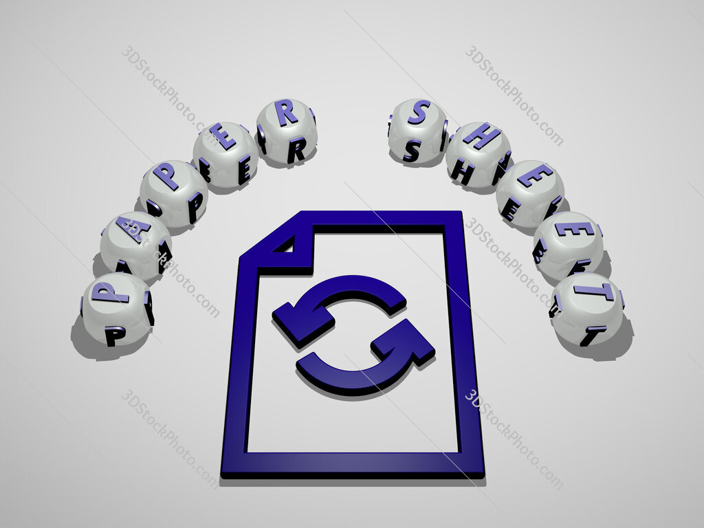 paper-sheet 3D icon surrounded by the text of cubic letters