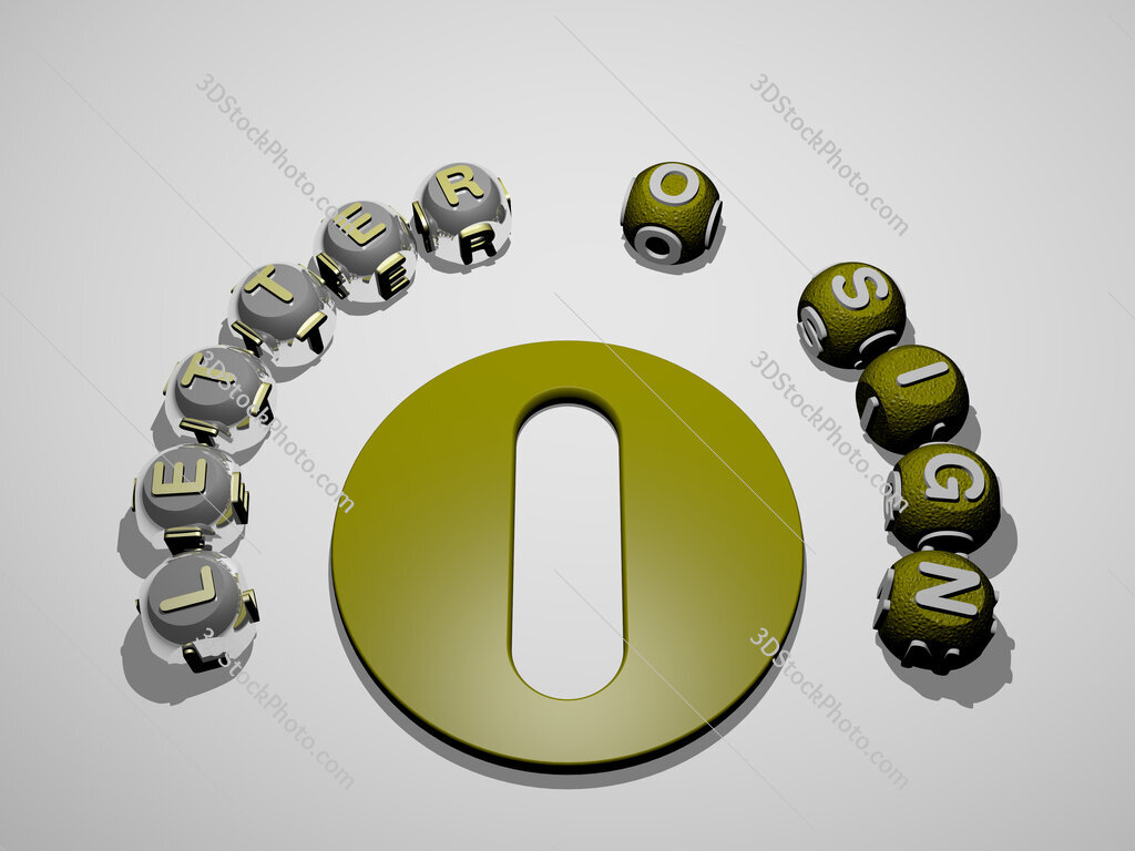 letter-o-sign 3D icon surrounded by the text of cubic letters