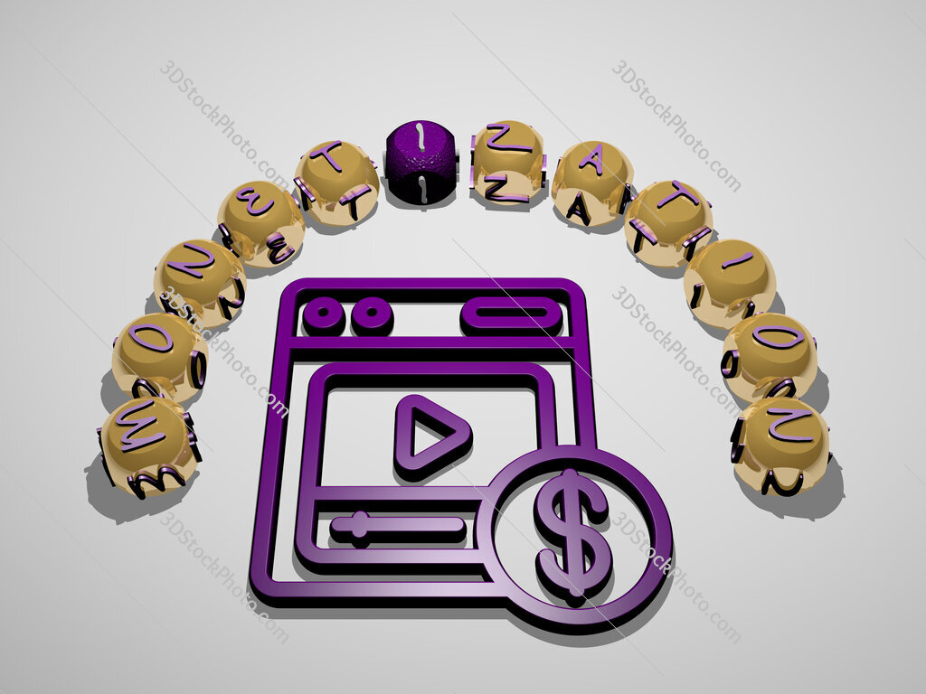 monetization 3D icon surrounded by the text of cubic letters