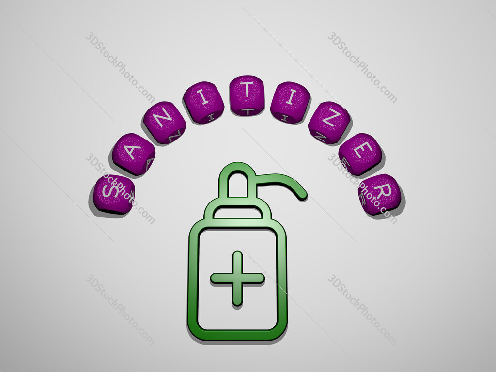 sanitizer icon surrounded by the text of individual letters