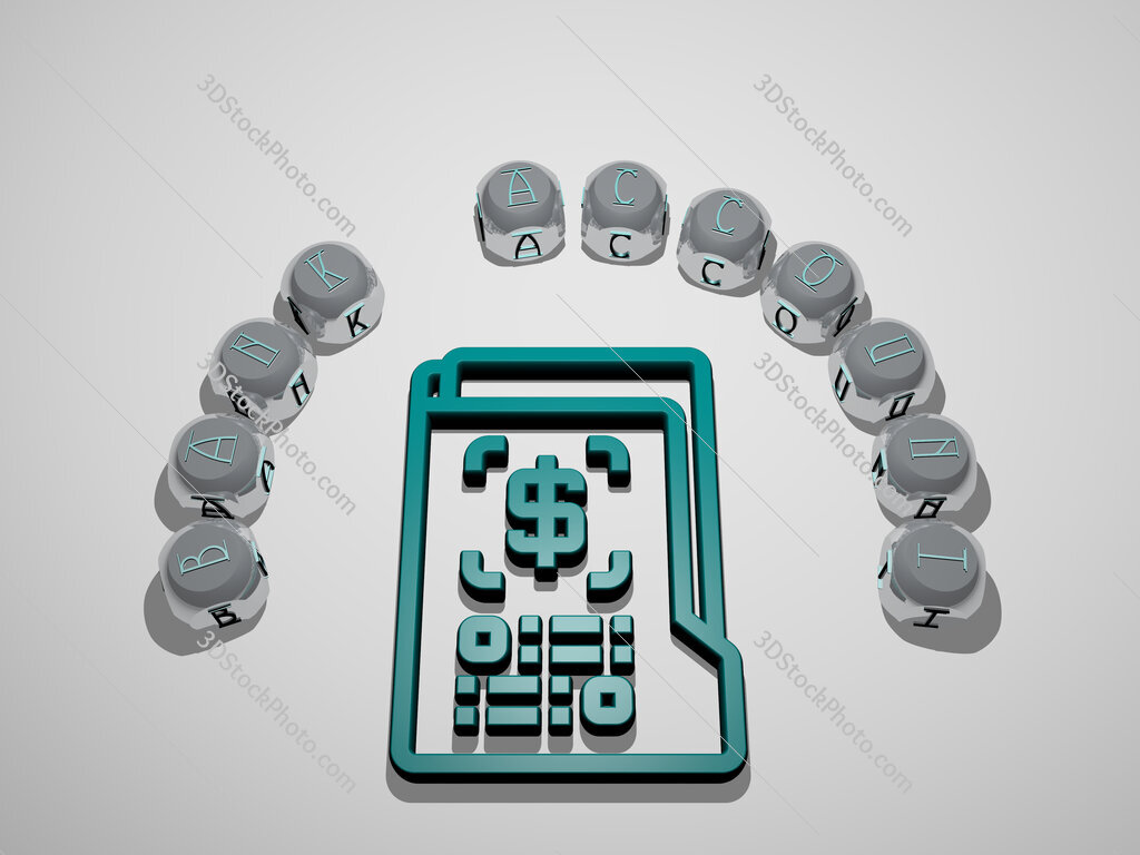 bank-account 3D icon surrounded by the text of cubic letters