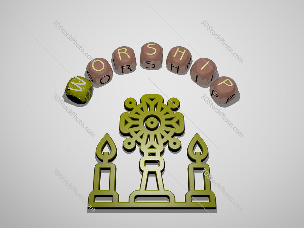 worship 3D icon surrounded by the text of cubic letters
