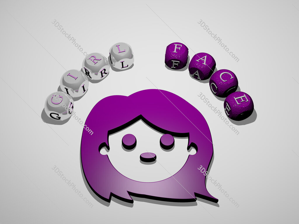 girl-face 3D icon surrounded by the text of cubic letters
