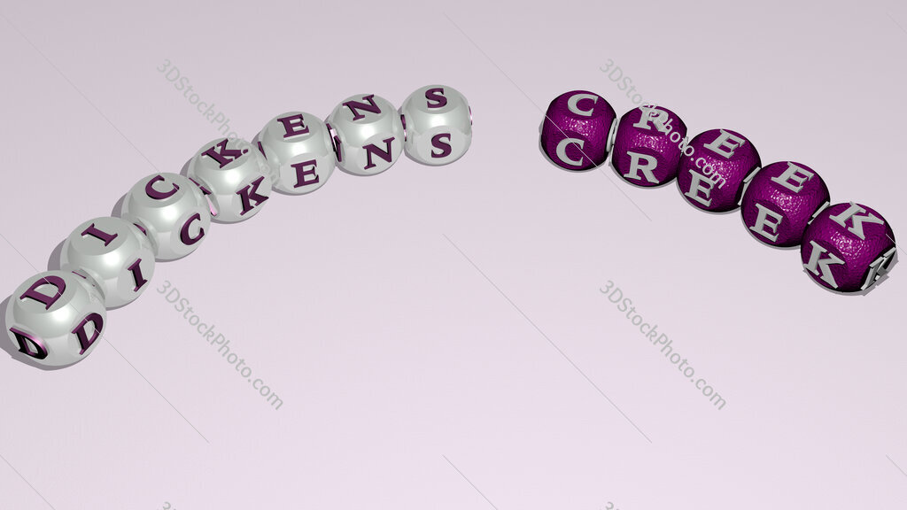 Dickens Creek curved text of cubic dice letters
