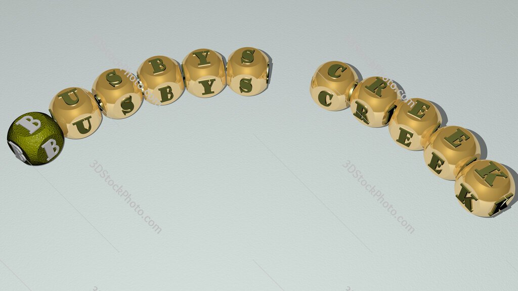 Busbys Creek curved text of cubic dice letters