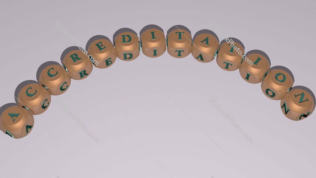 accreditation curved text of cubic dice letters